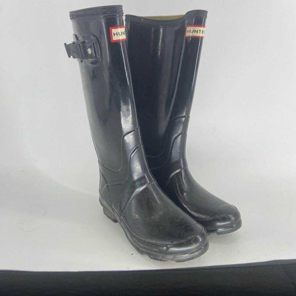 Hunter Women’s Black Gloss Round Toe Adjustable Rain Boots Size 7